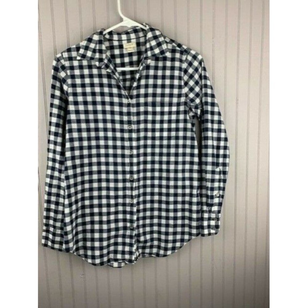 J Crew Size XS Womens Top Blue White Plaid Shirt Cotton Long Sleeve Button Up